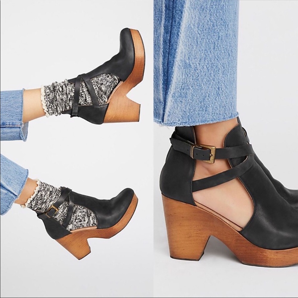 Free People Black Leather Cutout Clog Booties with Wood Platform